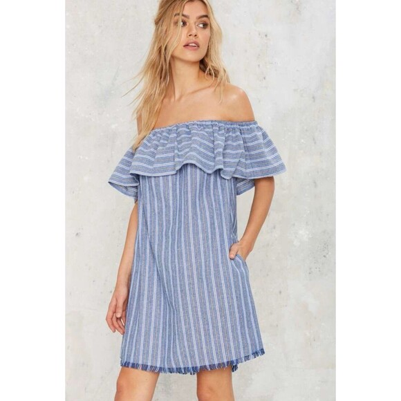 Love Riche | Off Shoulder Mini A-Line Dress Striped Linen‎ Cotton Blue | Medium - Picture 2 of 12